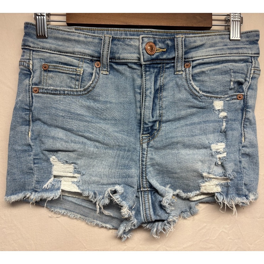 American Eagle Shorts Womens‎ Blue Super Stretch Hi-Rise Shortie Distressed 4